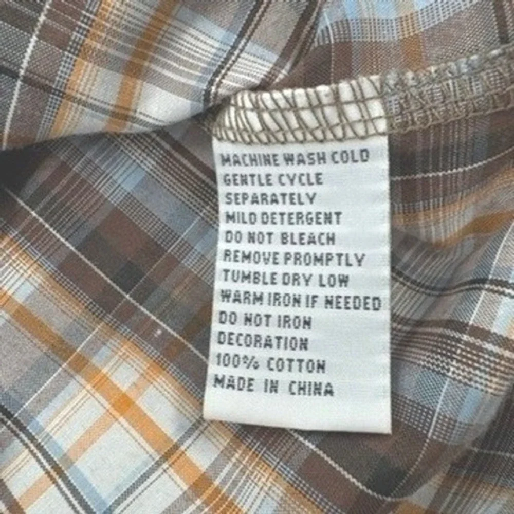 Polo Ralph Lauren Shirt Large Plaid S/S Snap Button Down Cotton Brown Blue L